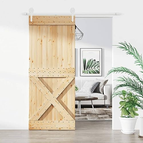 Annlera Porte coulissante en bois de pin massif - Pour chambre à coucher, cuisine, grange, garage, etc. - Design peu encombrant - Marron + blanc - 85 x 3,6 x 210 cm