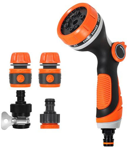 Pistola Irrigazione Giardino, Pistola Multifunzione con Flusso D'Acqua Controllabile, Acqua a Spruzzo con 10 Modalità Regolabili per Lavaggio Auto, Doccia, Pulizia Marciapiede e Pet Balneazione
