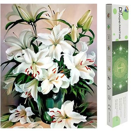 DCIDBEI Grande e trasparente Diamond Painting semplice giglio 40 x 50 cm pittura con i numeri, fiori giglio fai da te per adulti, fiori gigli, purezza, solennità, pittura con diamanti, colore bianco