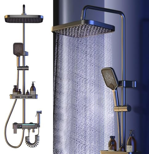 LLZJDDPLY Duschsystem mit Thermostat, Duscharmatur Komplettset，Messingkörper, Edelstahlrohr, 4 Wasserauslassmodi, mit Aufbewahrungsregal und Verlängerungsrohr