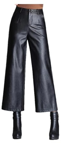 Mnjyihy Pantalones de pierna ancha de piel sintética para mujer, color sólido, cintura alta, cálidos, pantalones de pierna recta, pantalones de moda, Negro, M