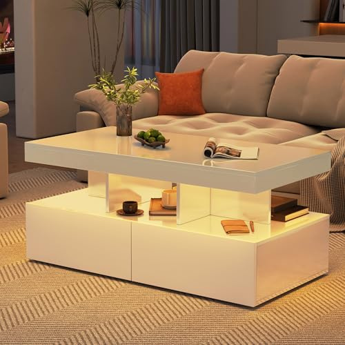 BLSYHDH - Mesa de café rectangular, mesa de salón con LED y 2 cajones, mesa de salón moderna, blanca, mesa de café para el salón (blanco)