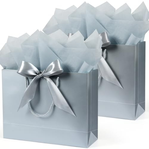 Silber Geschenktüten groß, 2 Stück Geschenktüte Set mit Seidenpapier und Grußkarte, Papiertüten Mitgebsel mit Henkel, Silber Geschenktaschen Geschenktüten für Geburtstag, Party, 32 x 25 x 11 cm