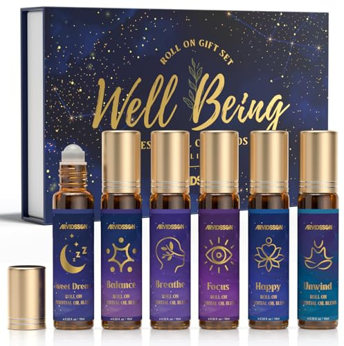 ARVIDSSON Essential Oils Roll On Set, Natural Self Care Essential Oil Blends Gift for Women - Sweet Dream, Unwind, Breahte, Balance, Focus, Happy, Aromatherapy Oil Roller for Body, Massage