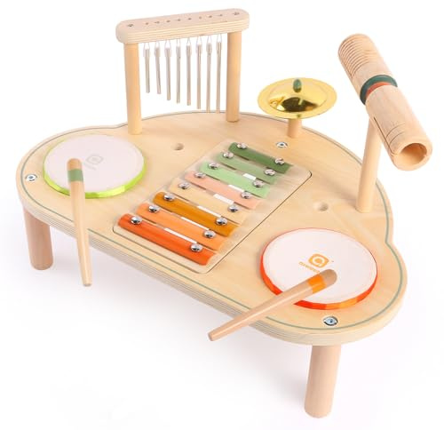 Asweets Batería de Madera 7 En 1 para Niños Pequeños, Xilófono Tambor Infantil, Juguetes de Aprendizaje Montessori, Regalo de Cumpleaños para Niños de 3+ Años