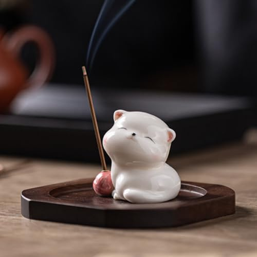 JanYoo Holz Räucherstäbchenhalter, Handgefertigter Holz Räucherstäbchen Kätzchen Halter Räuchergefäß Weihrauchhalter Brenner Incense Sticks Meditation Zubehör für Heimdekoration, Meditation und Yoga,C