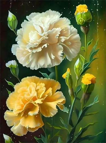 Yellow White Paint by Numbers Adults,DIY Azalea Hand Painted Oil Painting Kit,Paint by Numbers Kits for Beginners with 3 - Brushes and Acrylic Paint for Home Wall Decor 30x50cm Framed