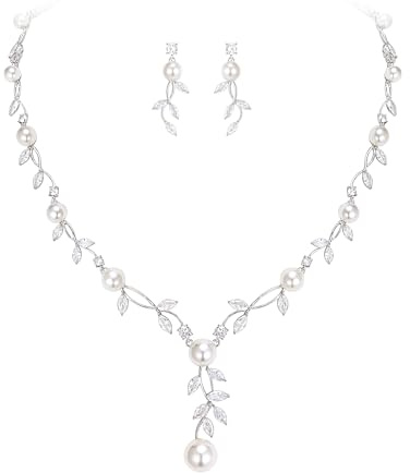 EVER FAITH Damen Zirkonia Cream kuenstliche Perle Hochzeit Flora Blatt Halskette Ohrringe Set Klar Silber-Ton