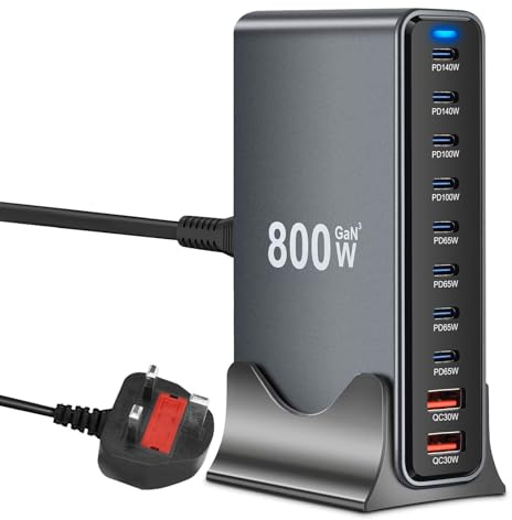 800W USB C Charging Station Hub 10‑Port GaN III PD140W, 100W, 65W, 30W Multiport USB Fast Charger Block (8 USB‑C & 2 USB‑A) USBC Laptop Charger Compatible with MacBook, iPh0ne, i-Pad, Galaxy S24/S23
