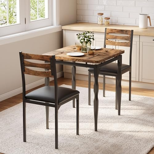 GarveeHome Dining Table Set for 2, Dining Table and Chairs Set of 2, 3 Piece Dining Table Set with Spiral Table Legs for Small Spaces, Kitchen, Apartment, Brown