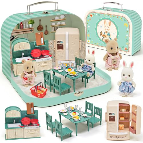 Casa delle Bambole Valigia con Mobili in Miniatura, Casa Miniatura con 2 Bambole Flessibili, Camera da Letto e Mobili da Cucina, Giocattolo Regalo per Bambini Bambine dai 3 Anni