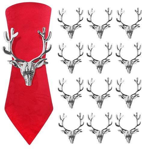 12 Stück Serviettenringe Weihnachten, Rentier Serviettenringe Silber, Metall Serviettenring für Tischdekoration bei Weihnachtsfeiern & Abendessen