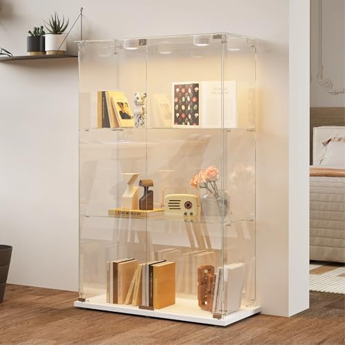BRILVERDE Vitrina de cristal con 3 estantes de cristal con luces LED, doble puerta con cerradura, armario vitrina para colecciones, libros, vino, oficina y sala de estar (blanco, 123 x 78 x 35 cm)