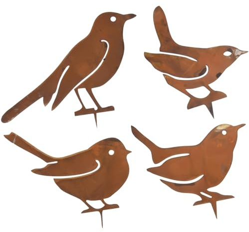 Gettimore 4 pali da giardino in metallo arrugginito con sagoma di uccello, ornamenti decorativi per esterni, per giardino, cortile, prato, patio e stagno, figure artistiche in metallo resistente alle