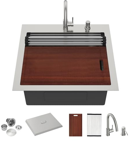 Fulorni 24x22 Drop In Outdoor Kitchen Sink Workstation – 16 Gauge 304 Stainless Steel Top Mount Bar Prep Sink with Faucet Combo & Dust Lid for BBQ, RV, Camper, Garden, Utility Use
