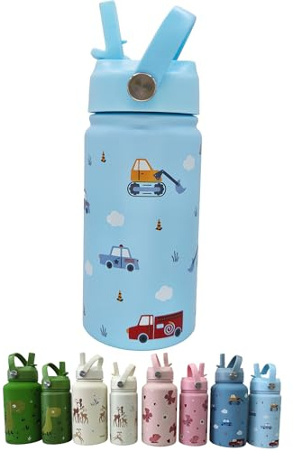 EliNik Personalisierte Edelstahl Trinkflasche für Kinder mit Namen, Auslaufsicher mit Strohhalm, Dinosaurier, Bagger, Schmetterling, Reh Design, 350ml/650ml (Cars, 350, Milliliter)