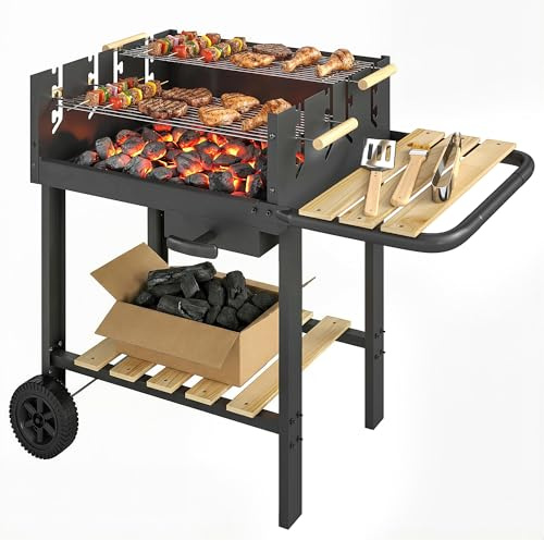 Outsunny Holzkohlegrill Grillwagen Fahrbar 99,5 x 58 x 82 cm Schwarz | 4-Fach Höhenverstellbarer Grillrost, 2 Holzablage, 2 Räder, Aschebehälter, 10 Personen, Terrasse Picknick Party