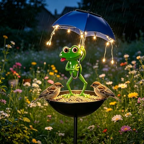 Mangiatoia a energia solare a forma di rana, per esterni, decorazione da giardino con ombrello, ciotola, mangiatoia decorativa per giardino, terrazza, prato, laghetto, cortile