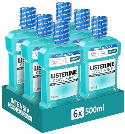 Listerine Cool Mint Intensiv Mundspülung, Alkoholfrei, 6 x 500 ml | Antibakterielles Mundwasser mit ätherischen Ölen, ohne Alkohol, zur täglichen Mundpflege, Geschmack mit intensiver Minze