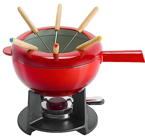 Zwilling 40201-001 Fondue Set - Cherry Enamel Cast Iron Pan, Swiss Fondue Set for Melted Cheese, Includes 6 Wooden Forks, Chocolate Melting Pot, Splash Protector, Suitable for All Hobs, Food Warmer