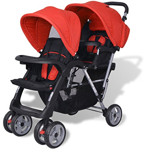 Festnight Geschwisterwagen Kinderwagen Geschwisterkinderwagen aus Stahl + Oxfordgewebe für 1-2 Kinder bis zu je 15kg - Rot und Schwarz