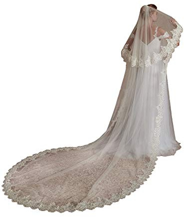 EllieHouse Kathedrale Länge 2 Tier Pailletten Spitze Braut Hochzeit Schleier L70, Weiss/opulenter Garten, 2 T(1st tier 3 M/118inch,2nd tier 80cm/31 inch)