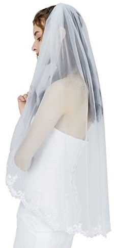 BEAUTELICATE Brautschleier Schleier Spitzenborte Für Braut Hochzeit Softtüll Weiß Ivory Lang Kurz Mit Metall Kamm 1 Schicht