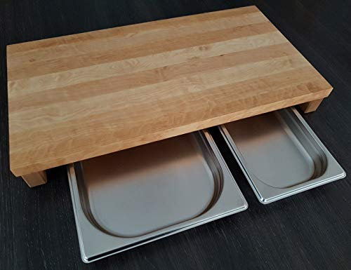 Brückenschneidbrett BIRKE Massivholz mit Auffangschalen Holzbrett Servierbrett Tranchierbrett Käsebrett Edelstahlschale Schneidebrett Brotschneidebrett (51,5 x 32,5cm mit je 1x 1/3 und 1/2GN-Behälter)
