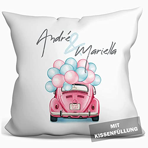 personalisierbares Kissen zur Hochzeit, Valentinstag oder Jahrestag, Hochzeitskissen Auto Hochzeits-Geschenk Geldgeschenk Kissenhülle mit Füllung und Namen weiß 40cm x 40cm (Aquarell Auto)