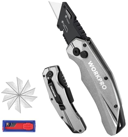 WORKPRO Klappbares Teppichmesser, Schweres Universalmesser aus Vollmetall, Schnellwechselklinge Cuttermesser, Schnelles Öffnen Achsensperre & Sichere Verriegelung, mit 10 zusätzlichen Klingen, Silber