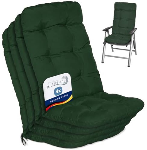 Beautissu 4er Set Hochlehner Auflagen Sitzpolster für Gartenstühle Outdoor | 120x50x8cm Dunkelgrün Outdoor Stuhlkissen Rückenlehne hoch Gartenstuhlauflage Polsterauflage Flair HL