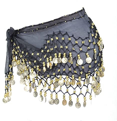 Magdansbälte, Höftsjal Omslag för Kvinnor - Chiffong Höftscarfs, Danshalsduk med Mynt, Bältskjolar, Myntbälte för Scenshow, Fest, Firande (Svart)