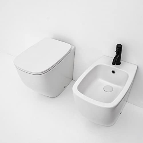 Kiamami Valentina Paire de Bidet et WC sur Pied Blanc Mat avec Couvercle de Toilette
