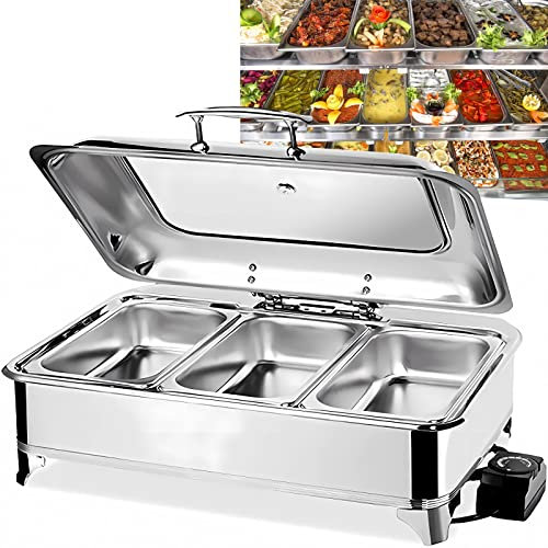 RSHJD Chafing Dish Elettrico 9L Scaldavivande Professionale per Buffet, Chafing Dish in Acciaio Inox con on Coperchio in Vetro Trasparente per Buffet, Feste e Banchetti, Temperatura Regolabile