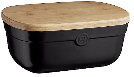 Emile Henry Brotkasten aus Keramik + Holzdeckel, 35,6 cm, schwarzer Trüffel
