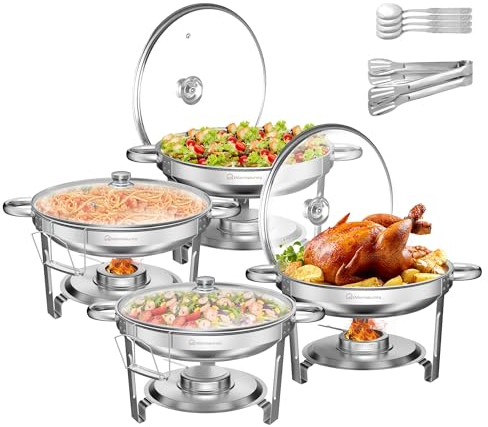 WARMOUNTS 4 Pack Chafing Dish Buffet Set, 5L Round Food Warmer for Catering Buffet with Glass Lid & Lid Holder, Mirror-Polished Stainless Steel Chafer for Parties, Christmas, Events, Wedding, Dinner