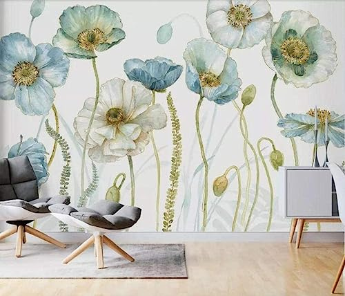 Papel pintado Mural 3D Tulipán Amapolas azules Rosas modernas Papeles Fondo Hogar europeo y americano Pared Pintado Papel tapiz 3D Decoración dormitorio Fotomural sala mural-350cm×256cm
