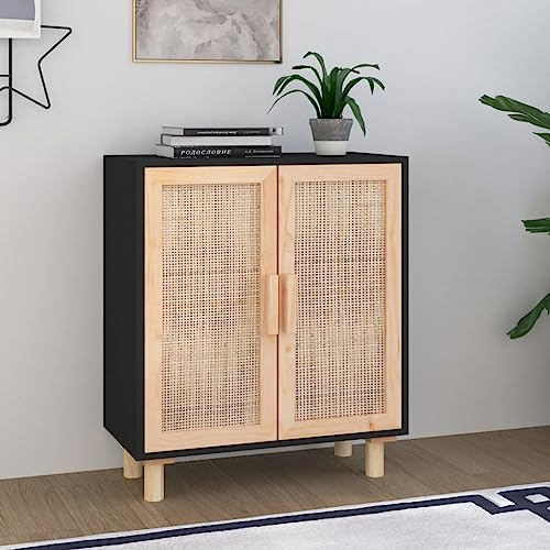 Tidyard Sideboard 2 Fächern Kommode Anrichte Schrank Mehrzweckschrank Beistellschrank Standschrank Schwarz 60x30x70cm Massivholz Kiefer und Natur-Rattan