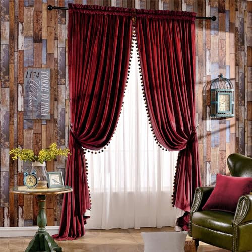 Melodieux Pom Poms Velvet Curtains Extra Wide for Patio Doors, Vintage Luxury Bedroom Living Room Thermal Insulated Rod Pocket Window Drapes, 100 W x 84 L, Burgundy (2 Panels)