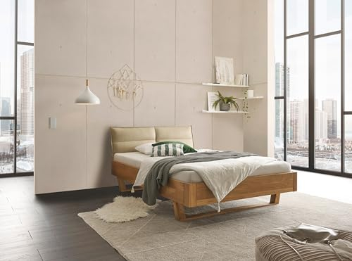 möbelando TJARK Modernes Massivholzbett 140x200 - Komfortables & hochwertiges Balkenbett mit gepolstertem Kopfteil - 146 x 89 x 219 cm (B/H/T)