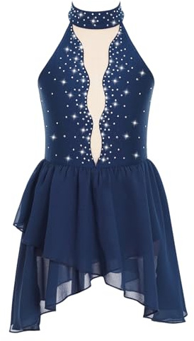 CHICTRY Abito da Pattinaggio Artistico Bambina Paillettes Tutu Vestito Danza Classica Body da Balletto Abito da Ballo Latino Ballerina Costumi di Danza Jazz Performance Blu C 13-14 Anni