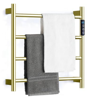 JUVELIO Heated Towel Rail, Digital Display Towel Warmer Wall Mounted Radiator Towel Rail Stainless Steel Electric Towel Rail Timer 4 Bar Bathroom Radiators Brushed Gold Electric Towel Radiator