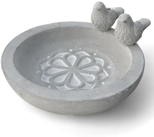 MIJOMA Vogeltränke aus Zement - Frostbeständige Gartendeko für Wildvögel - Stilvolles Garten-Schmuckstück (Blüte und Vögel)