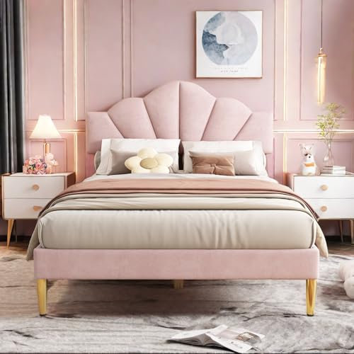 Sapgaks Samt Polsterbett,90x200 cm,muschelartiges Bett mit Stauraummit,goldenen Eisenbeinen, höhenverstellbares Kopfteil, Holzlattenrost, mit Polsterbank,Bank mit Stauraum,Rosa