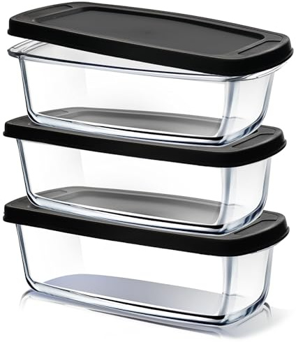 EATEX Glass Bread Pans for Homemade Bread Baking, 1.9 Qt Deep Rectangular Glass Loaf Pans with Lids Food Containers, Microwave Oven & Freezer Safe - 3 Glass Bread Loaf Pans 3 Airtight Lids BPA Free