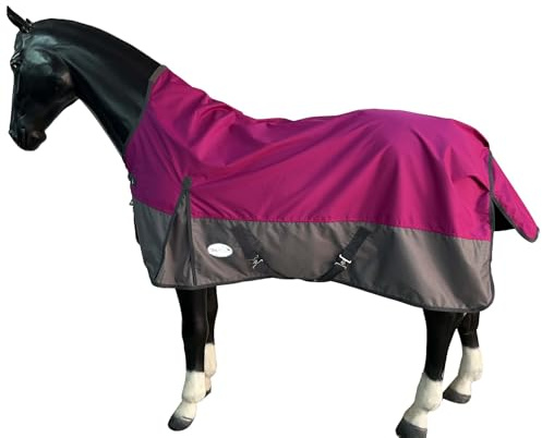 Equitack 600D Regendecke Pferd, 145cm | 0g Highneck Outdoordecke Pferd | wasserdichte Pferdedecke mit Schulterzwickeln | Raspberry/Grau