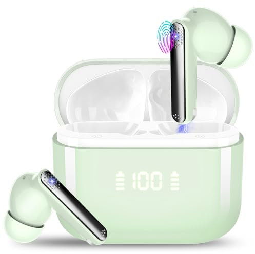 Bluetooth Headphones, Bluetooth 5.3 Earphones with HiFi Stereo, Wireless In Ear Headphones with HD Mic, 48H Bluetooth Headphones with Noise Reduction CVC8.0, Wireless Headphones IP7 Waterproof, Green