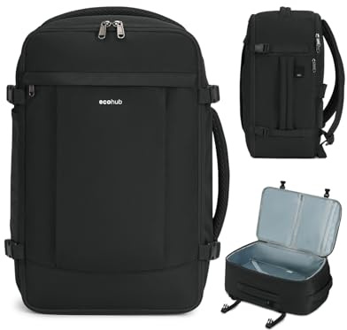 ECOHUB Travel Backpack for Men Women, Carry on Backpack with USB Charging Hole, Spirit Airlines Personal Item Bag Flight Approved, 15.6 Inch Laptop Backpack with Anti Theft Pockets, 30L, Black