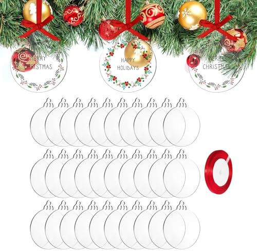 JMNHSOA 25 Stücke Acrylscheibe Weihnachtskugel Deko,Transparenten Acrylscheibe Weihnachten mit Rotem Band Acrylplatten Christbaumkugeln Acrylscheibe für Weihnachten Dekoration Basteln(10cm)