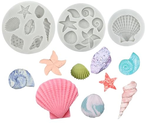 3 3D Meerestiere Silikonform,Muschel Silikonform,Meerestiere Backform Set,Seestern Muschel Toffee Form,für Kuchendekoration,Schokolade,Zuckerguss,Mousse